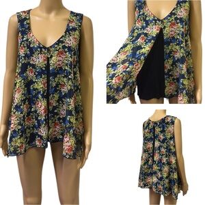 Lavish Blue Green Floral Layered Open Front Swing Top Sleeveless Blouse Size XL